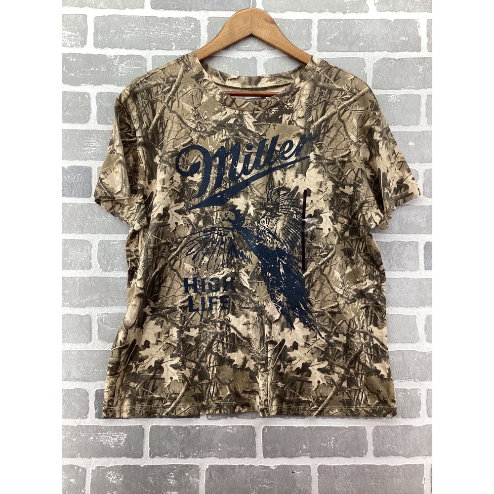 Miller High Life Camo Pheasant Graphic T-Shirt XL Tan Brown Hunting Beer Tee